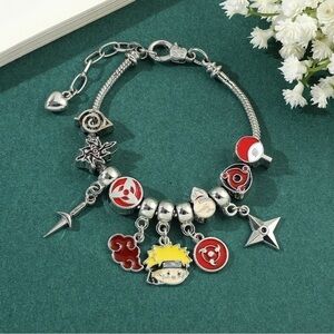 Silver Plated Naruto Shippuden Anime Themed Charm Bracelet Adjustable Sizing